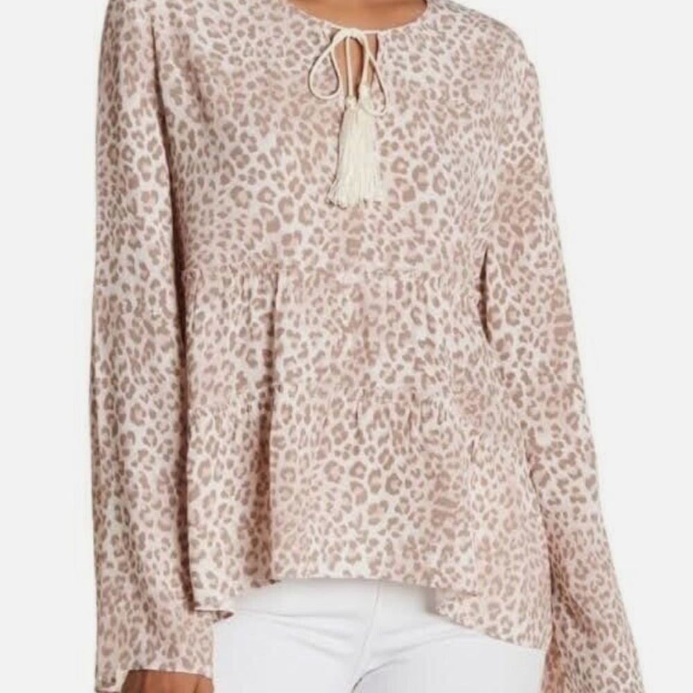Marchesa Rose Tassel Animal Print Print Tiered Key Hole Blouse